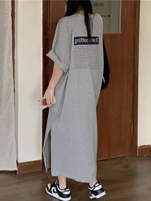 

Женское повседневное свободное платье в корейском стиле больших размеров, летнее, стройнящее, с буквенным принтом, миди, универсальное, больших размеров