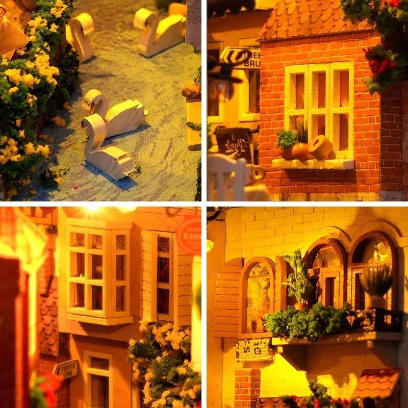 Retro DIY Wooden Book Nook Shelf Insert Miniature Kits Bruges Ancient City Bookshelf Home Decoration For Adult Handmade Gifts