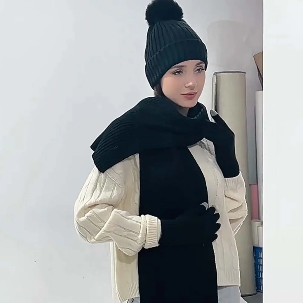 Yarmulke Elastic Scarf and Hat Set Touch Screen Warmer Mittens Cold Proof Gloves Stripe Plush Ball Knitted Scarf Daily