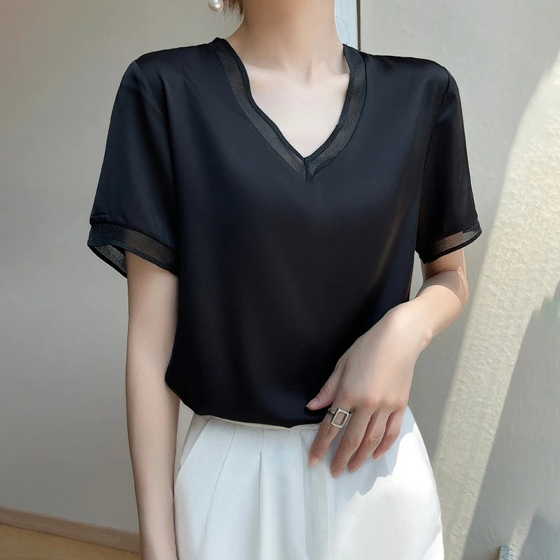 Women\'s Silk Satin Fabric Blouse Short Sleeve T-Shirt Mesh Stitching Short Sleeve Loose Temperament Blouse 2024 New Model