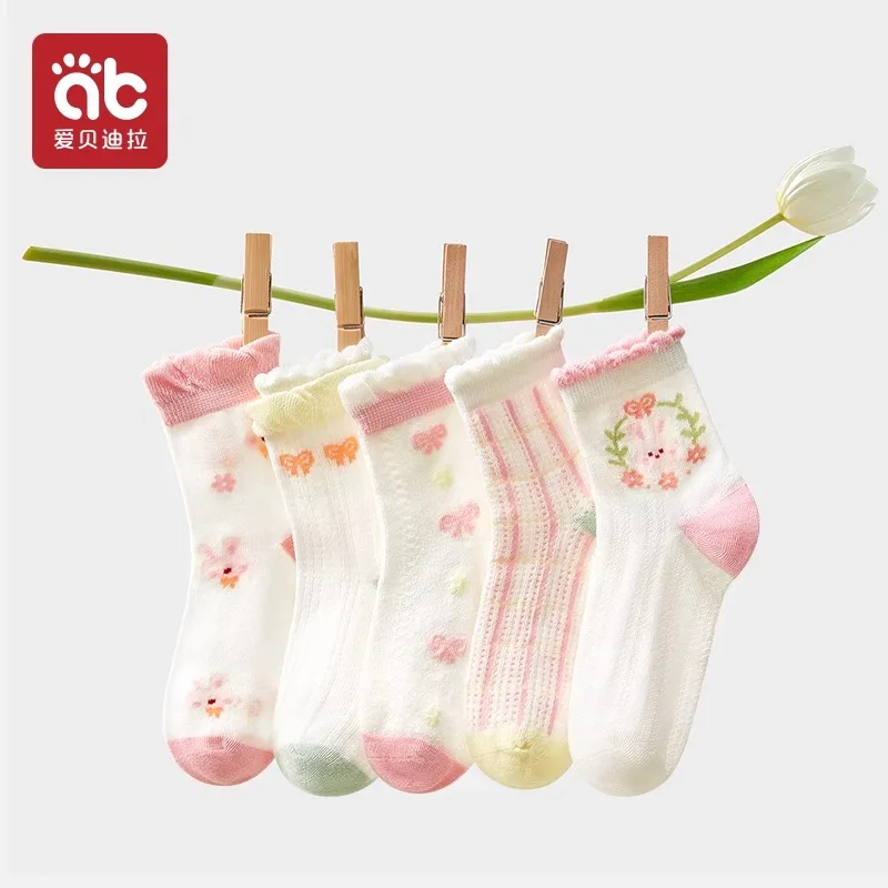 

AIBEDILA 5 Pairs/Lot Children Socks Girls Baby Cute Rabbit Cotton Soft Cozy Breathable For 1-12Y Summer Kids Casual Mesh Socks
