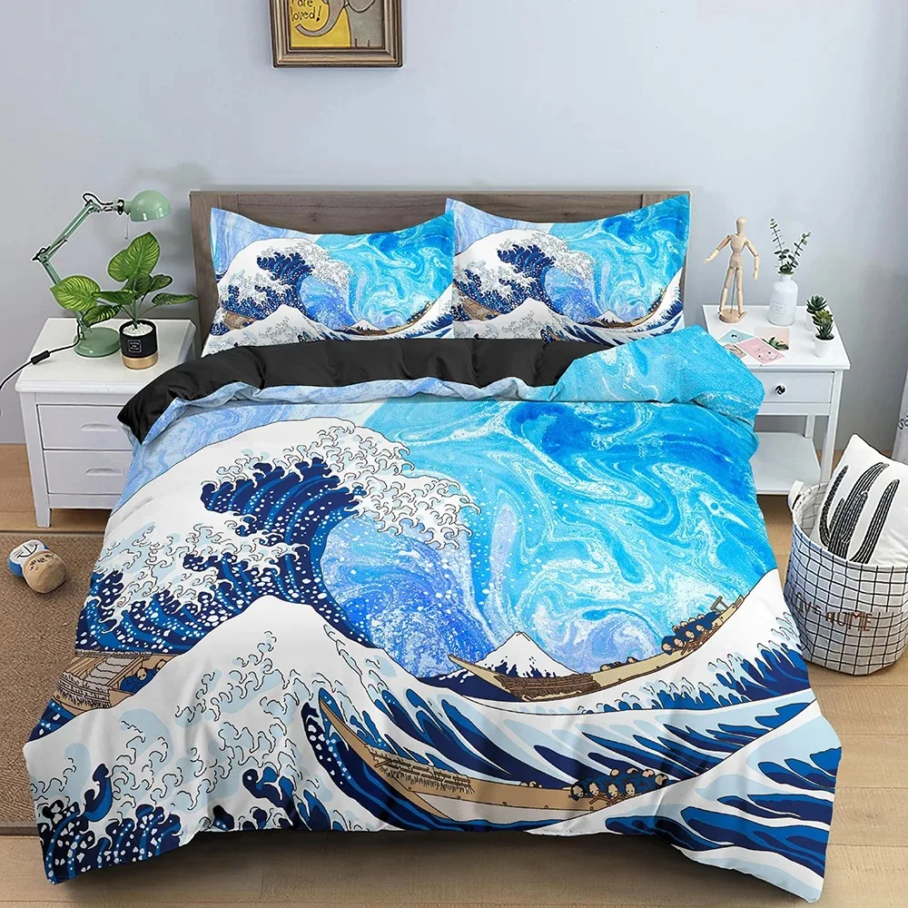 Big Wave Japanese Art Abstract Bedding Set Boys Girls Twin Queen Duvet Cover Pillowcase Bed Kids Adult Home Textileextile