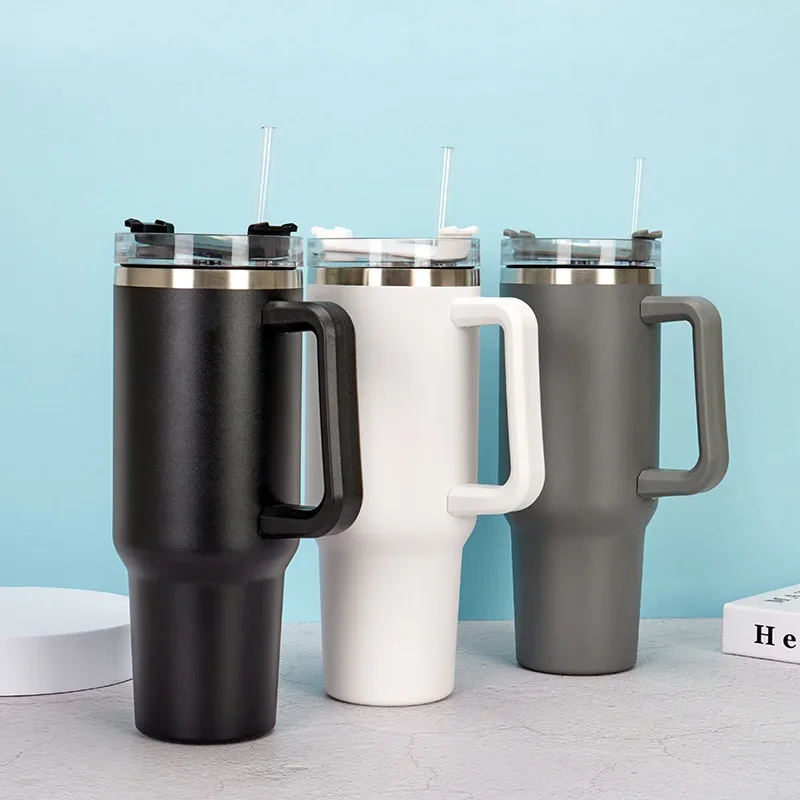 40oz Stainless Steel Thermos Vacuum Water Cups With Handle Straw Bottles Large Capacity Outdoor Travel Car Coffee Mug