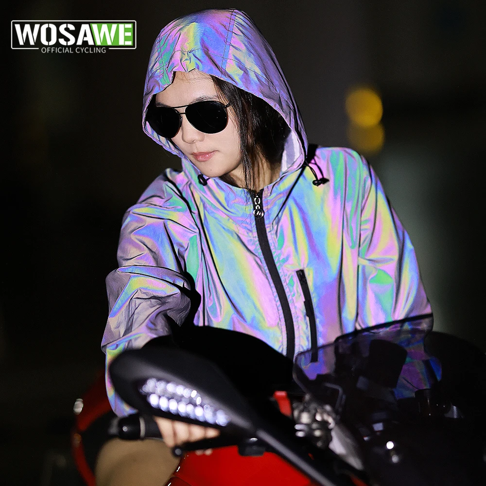 WOSAWE Night Full Reflective Jacket Windproof Waterproof Hooded Jacket Men Cycling Jackets Hip Hop Dancer Loose fit Coat Outwear