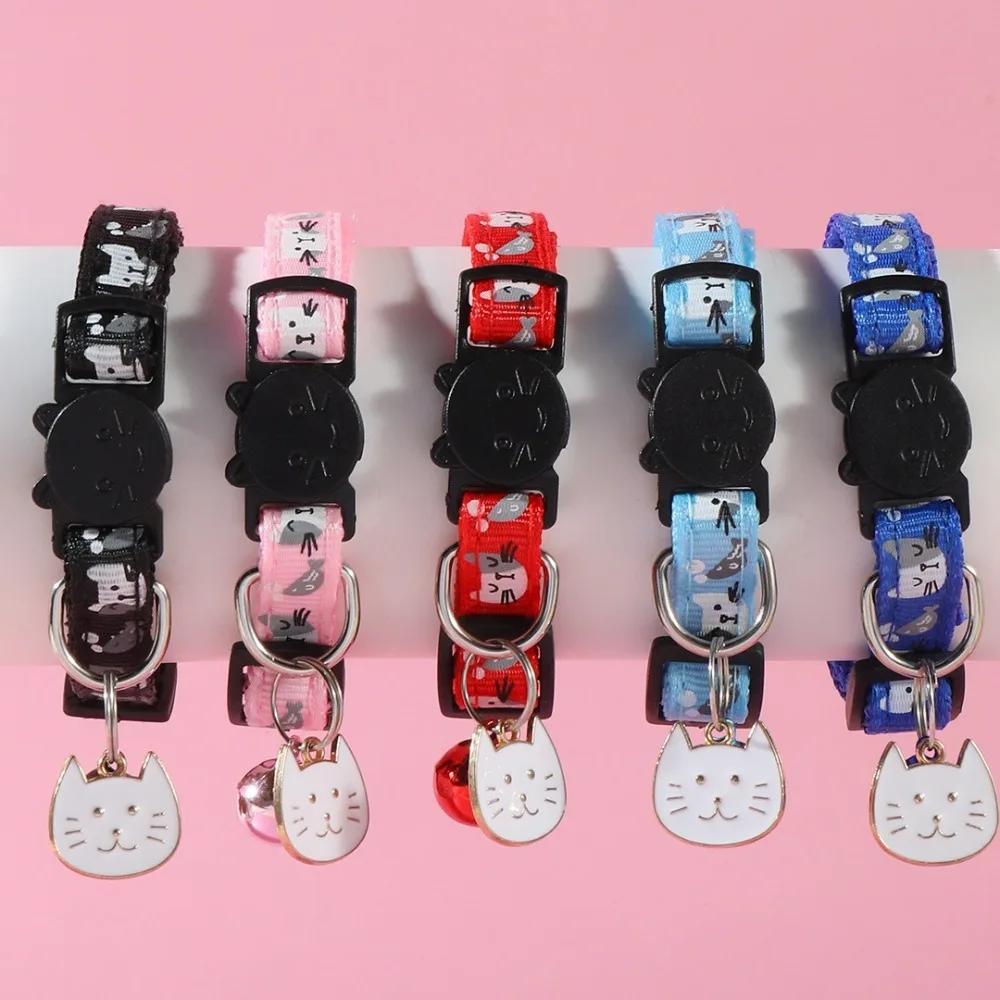 Adjustable Pet Cat Collar Safety Buckle with Cat Face Pendant Bell Anti-choking Puppy Collar Cat Pattern Quick Release