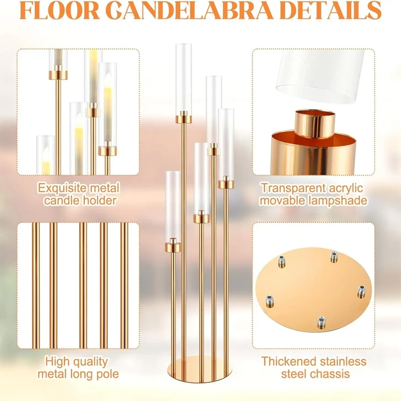 골드 금속 및 아크릴 Candelabra 센터 피스 5 팔 테이퍼 캔들 홀더 클리어 튜브 웨딩 파티 우아한 테이블 장식 10 Pcs