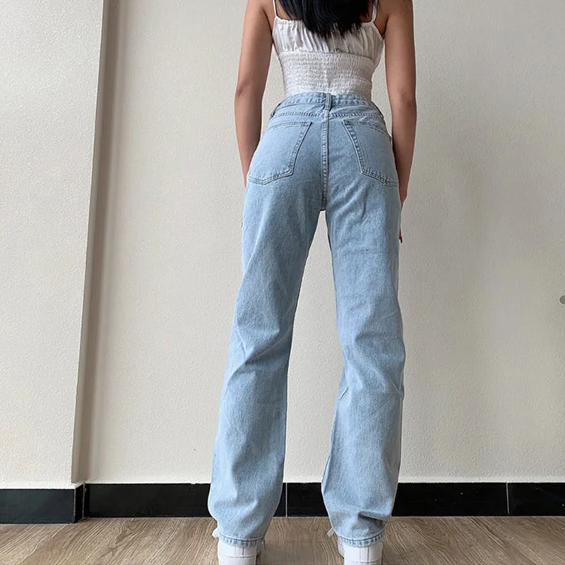 2023 New Fashion Casual Women's Jeans Casual Wide Leg Wash Water Hole Middle Waist Commuter Jeans Women Baggy Jeans Women