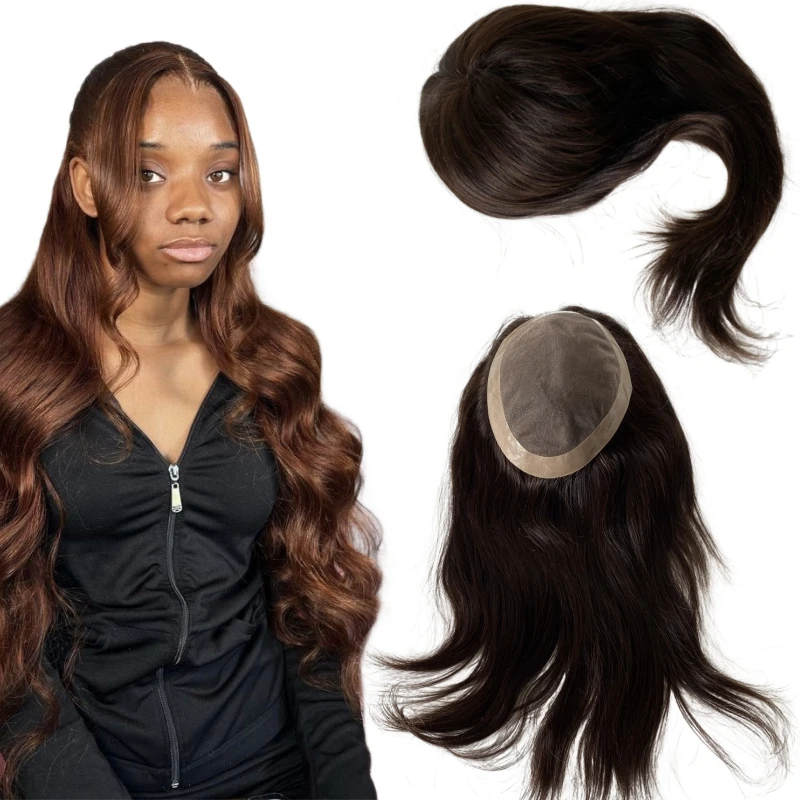 14 Inches Brazilian Virgin Human Hair Replacement Dark Brown Color 2# 130% Density 7x9 Mono Topper for Black Woman