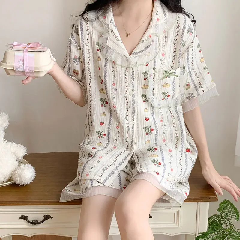 

Cotton Short Sleeve Shorts Floral Print Woman Satin Pajama Sets Ensembles 2 Piece Lady Outfit Lounge Women Pijama Sleepwear Pj