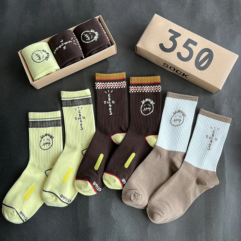 Herrensocken 3 Paar/Box Cactus Jack Socken Baumwolle Sport Hip Hop Basketball Skateboard Braun/Gelb Sockken Großhandel Herren Geschenk – Detail 6