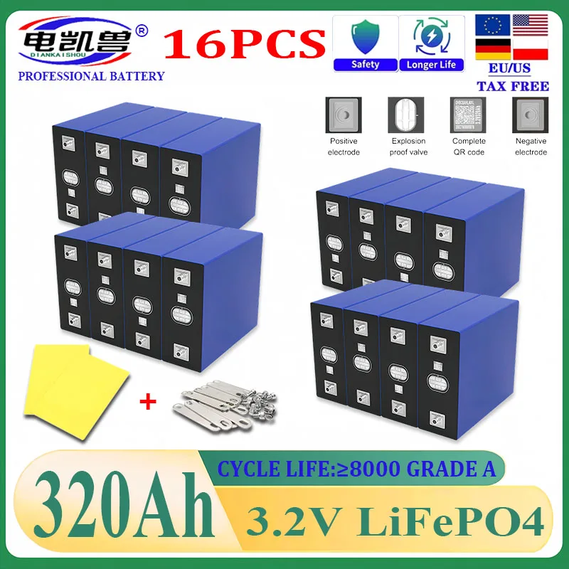 

16pcs New Grade A 3.2V 320Ah Lifepo4 Rechargeable Battery Lithium Phosphate Travel Solar Campers Cell 12v 24v batteries Tax Free