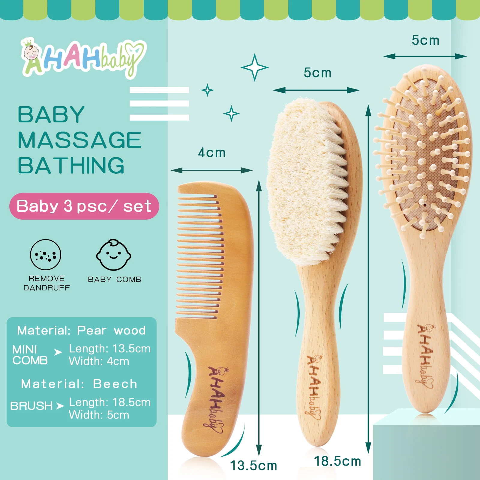 Baby Hair Brush For Newborn Personalized Logo Baby Brush kids comb set Soft Goat Bath Brush Wooden Hair Brush  For Baby Kids