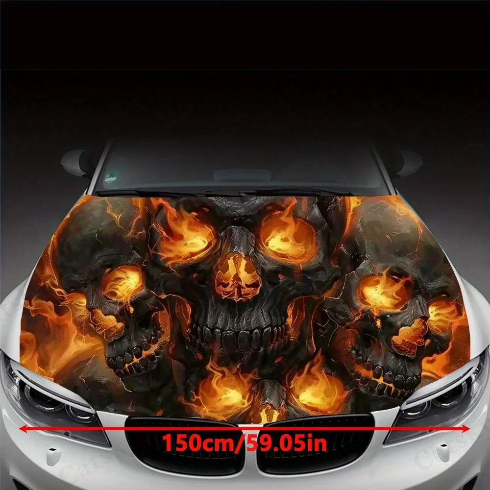 Fiery Skull Cluster Car Hood Vinyl Wrap Decal - Durable & UV - Resistant, Easy - Clean PVC Sticker, Perfect Fit for Auto Body De