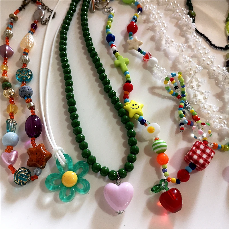 Kpop Boho Colorful Cherry Heart Star Pendant Peart Choker Necklace For Women Sweet Aesthetic Y2K Harajuku Jewelry Accessories