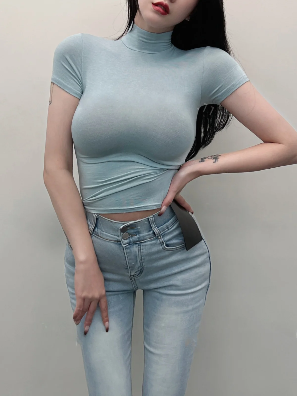 Sexy Slim Fit Short Sleeve T-Shirt Women's Thin Transparent Casual Half High Collar Spring Fashion Trend Hot Girl Style