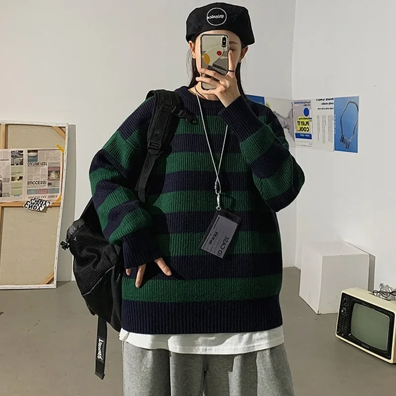 

Autumn and Winter Sweater Women Casual Color Matching Rough Striped Top Loose Wild Long-sleeved Pullover Striped Warm Sweater