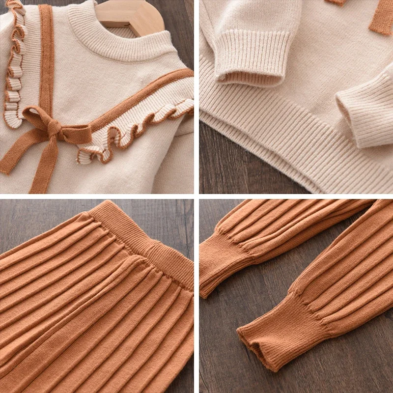 Melario Autumn Winter Fashion Girls Bow Knitted Thick Clothes Sets Kids Warm Long Sleeve Sweater Pants 2pcs Set Baby Girl Outfit