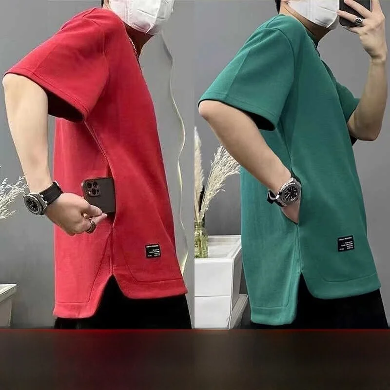 Summer Hidden Pocket Cool Breathable Men's Short Sleeve T-Shirt round Neck  Color Loose Large Size Half Sleeve Design