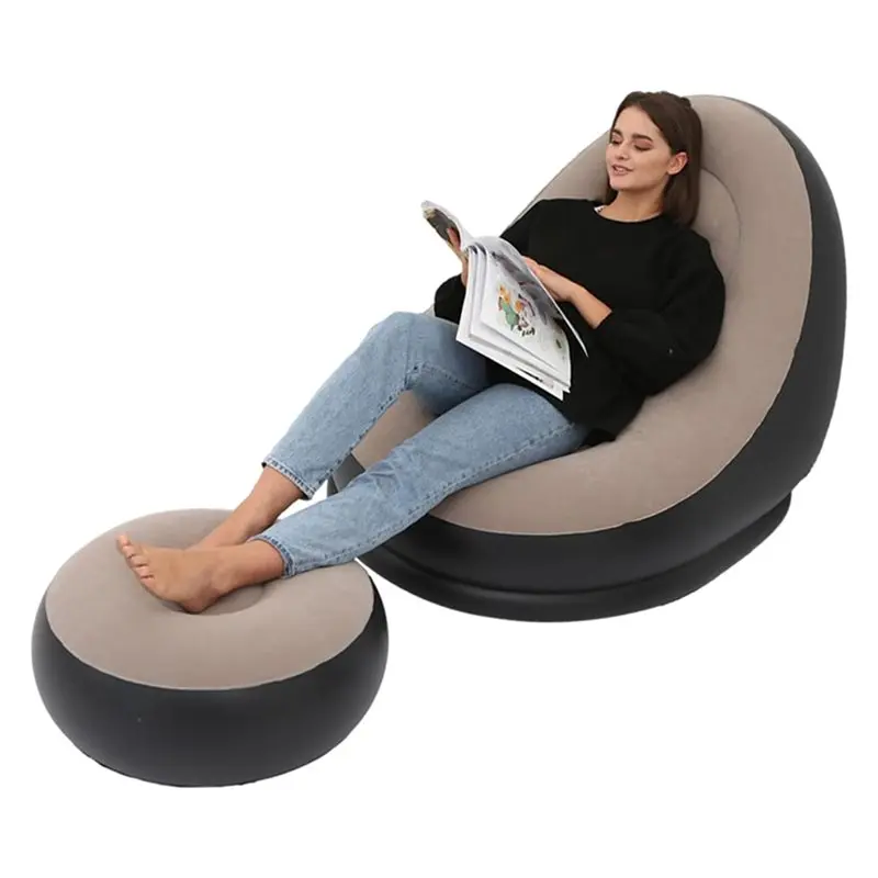 Poltrona lounge portatile con poggiapiedi, sedia gonfiabile da oceano, divano gonfiabile floccato pieghevole per campeggio all'aperto-ABQU