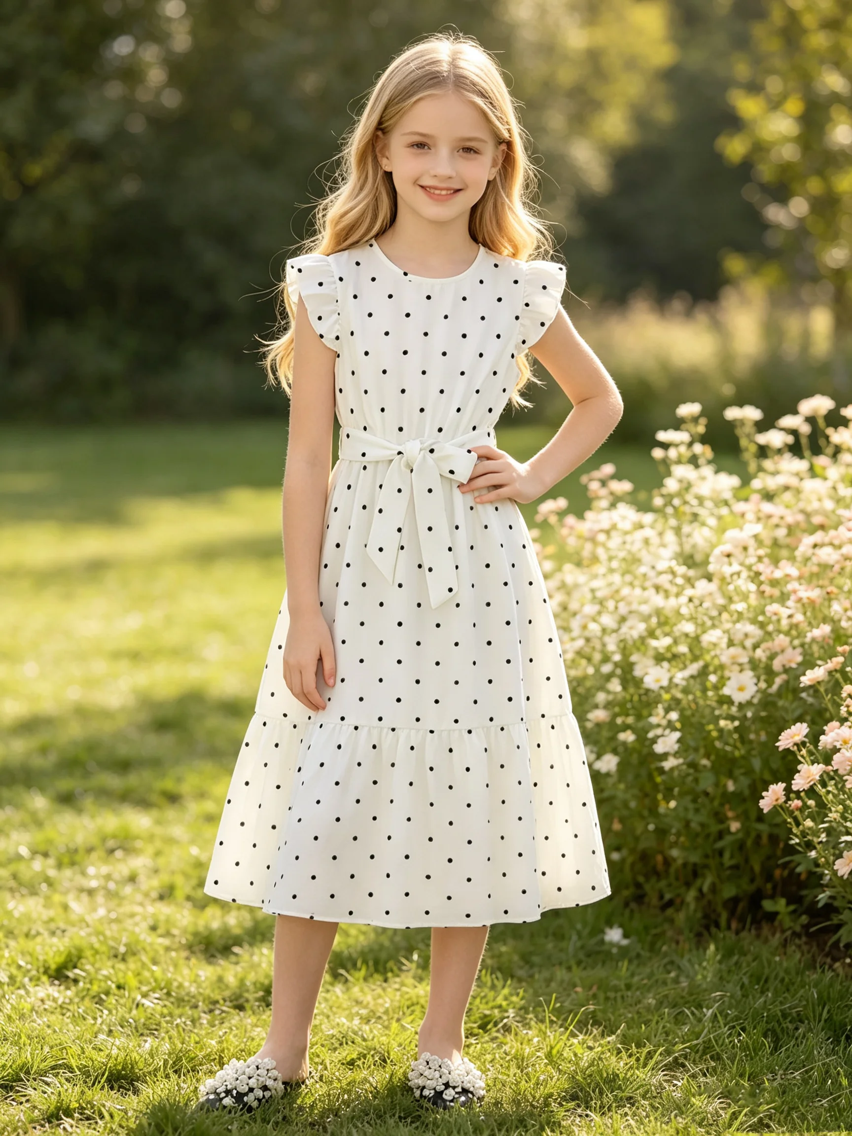 Summer Casual Elegance Girls' Polka Dot Dress Comfortable round Neck Ruffle Sleeves Cinched Waist Lace-Up Long Skirt