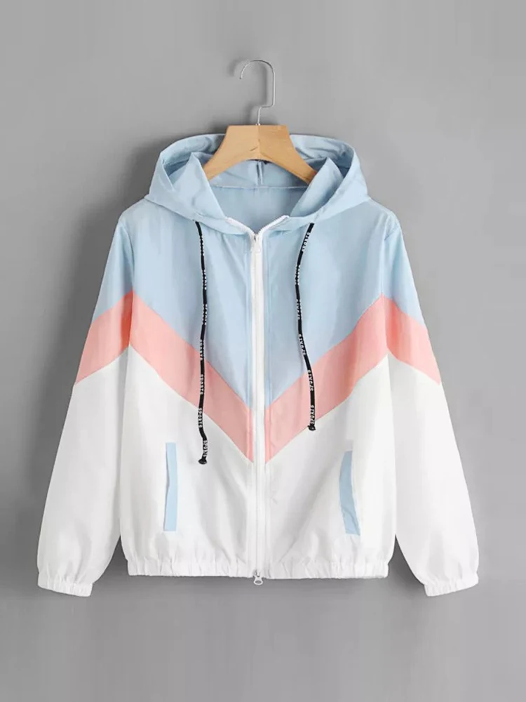 Women Windbreaker Jacket Female Multicolor Patchwork Hooded Jacket Basic Jackets Color Block Coats For Women