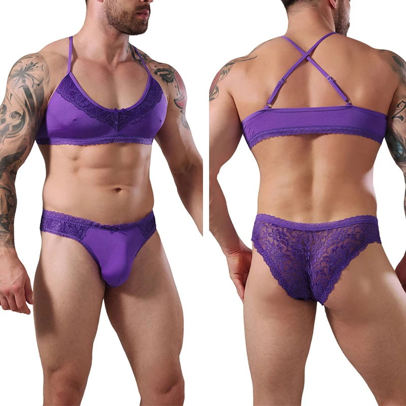 

1 set of 2pcs Men's Sexy Lace Bra and Briefs Sissy Underwear Stage Performance Costume Ladyboy Lingerie Solid Color Bikini