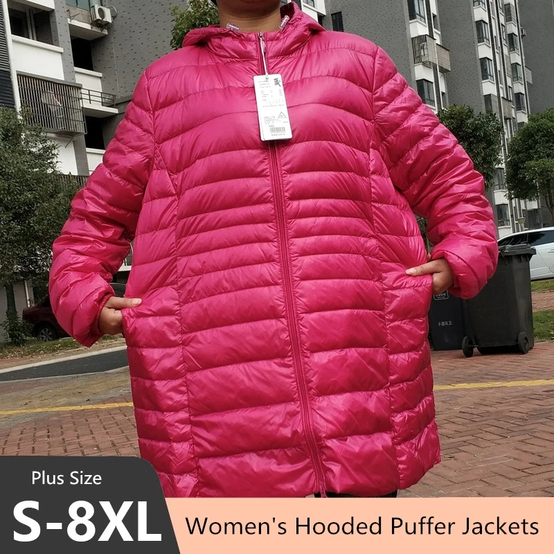 Plus Size 5XL 6XL 7XL Women\'s Hooded Puffer Jackets 2023 New Arrivals Female Ultra Lightweight Packable Warm Slim Fit Down Coat