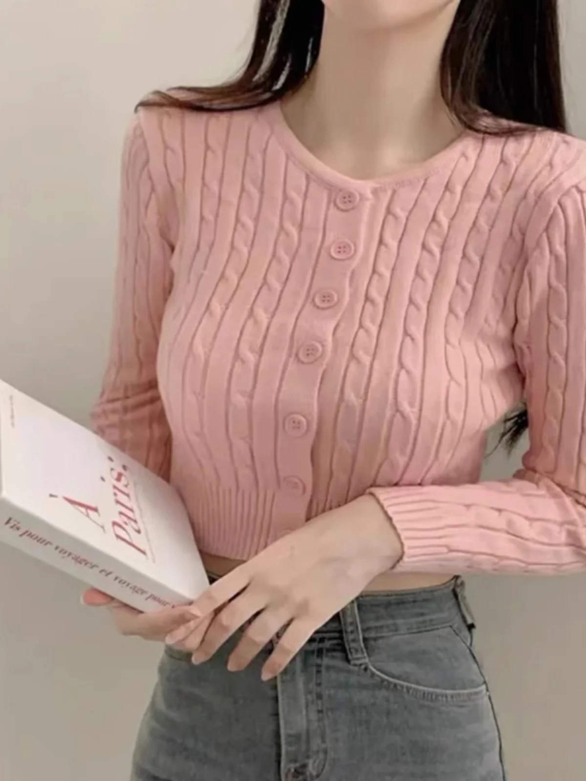 Chic Vintage Long Sve Knitted Open Cardigan Women's Autumn Sle Thin round Ne Twist Sweater Jaet Lightweight Top