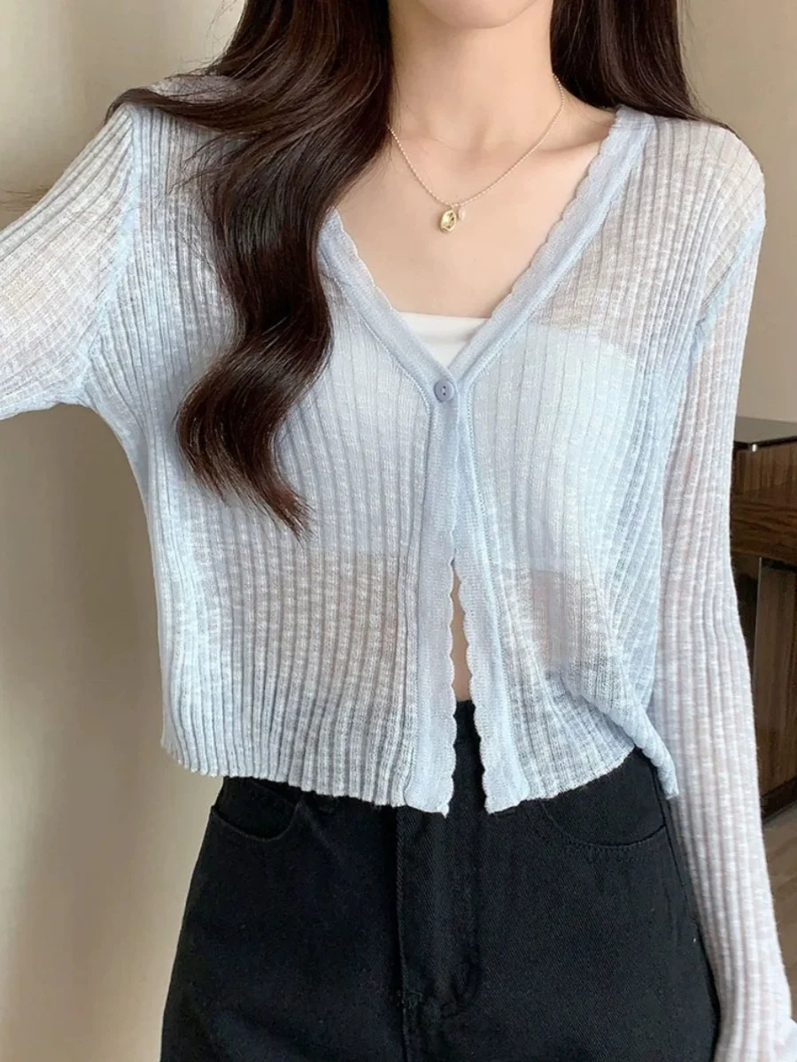 Sommer lose gestrickte Eis Seide lange Sve offene Strickjacke Damen Klimaanlage Top dünne Sonnenschutz V-Ne Casual Sle