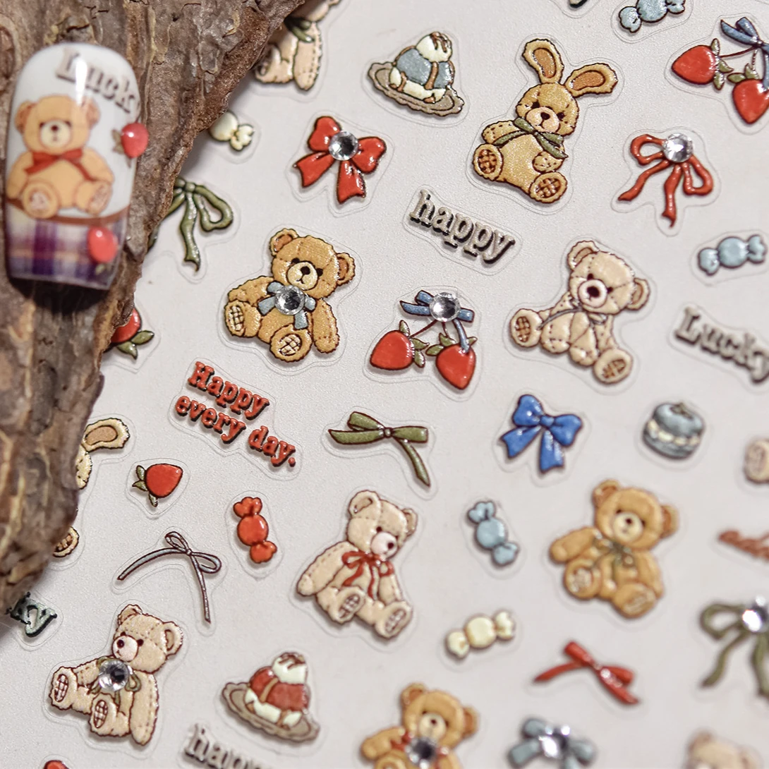 Charm Retro Bear Candy Cake Bowknot Rabbit Bunny Strawberry Footprint Muffin 3D Adhesive Nail Art Stickers Chic Manicure Decals