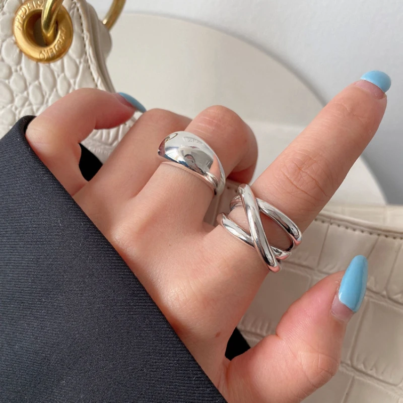 Fashion Simple Silver Color Waterdrop Rings For Women Retro Glossy Line Cross Opening Index Ring Jewelry Accessories Wholesale