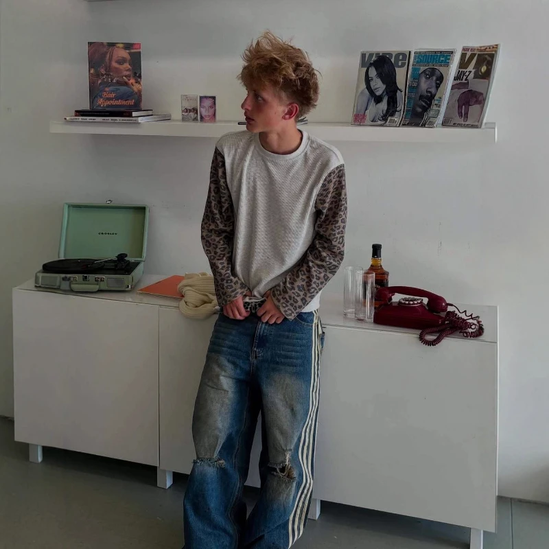 بلوفر بسيط بألوان متباينة بطبعة الفهد قميص بأكمام طويلة 2025 ربيع جديد على الطراز الأوروبي والأمريكي الفضفاض غير الرسمي #3