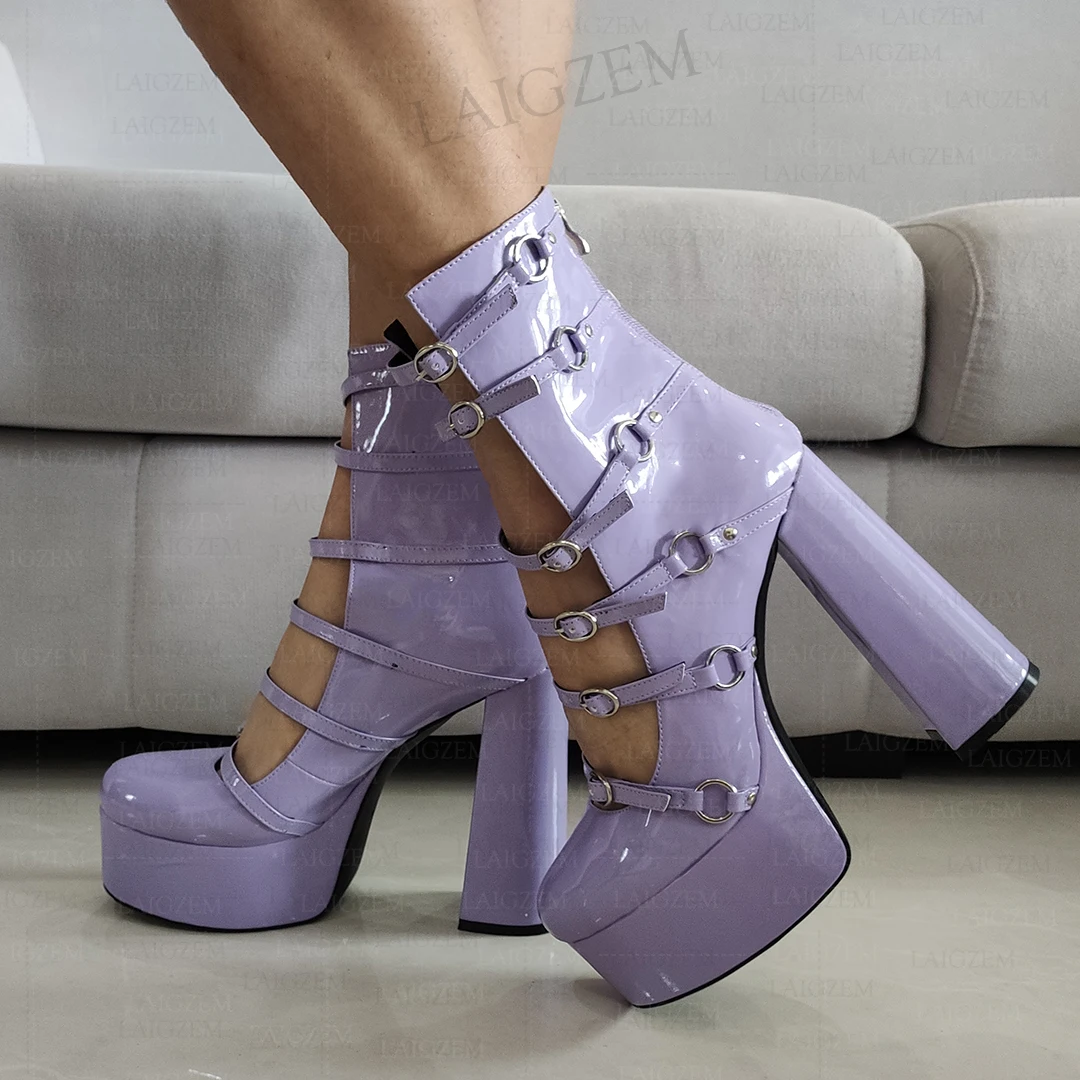 

Женские туфли-лодочки LAIGZEM, блестящие, на молнии сзади, с ремешками и пряжками, на массивном каблуке, сандалии на платформе, ручная работа, женская обувь больших размеров 43, 45, 52