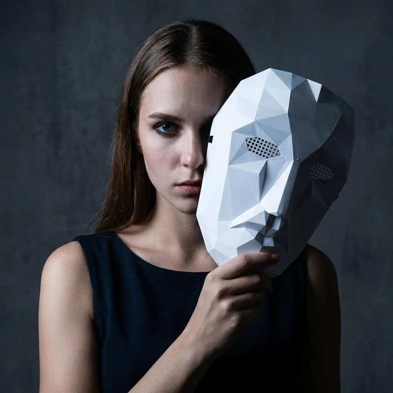 Geometric Full Face Mask Plastic Low Poly Mask Halloween Party Cosplay Prop Black White Optional Masquerade Costume Mask