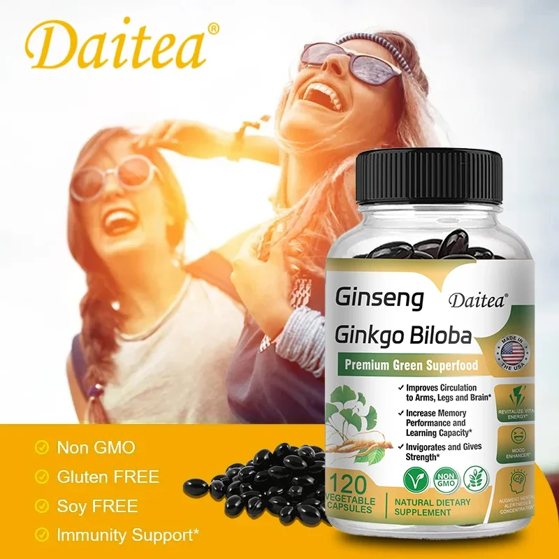 Daitea Ginseng e Ginkgo Biloba Cápsulas, para Memória, Energia e Circulação, Premium Não-OGM, Superalimento Vegano