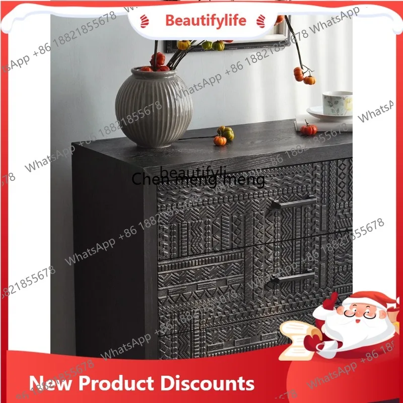 

Ретро черный деревянный резной комод для гостиной, боковой шкаф для хранения, входной комбинированный декоративный шкаф 3001