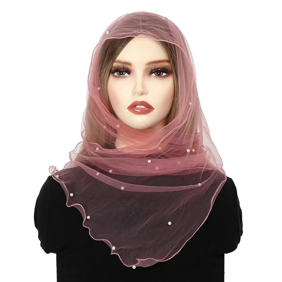 

Fashion Mesh Beaded Scarf Women Lace Pearls Headscarf Turban Muslim Hijab Islamic Stoles Head Cover Shawls Wrap Turbante Mujer