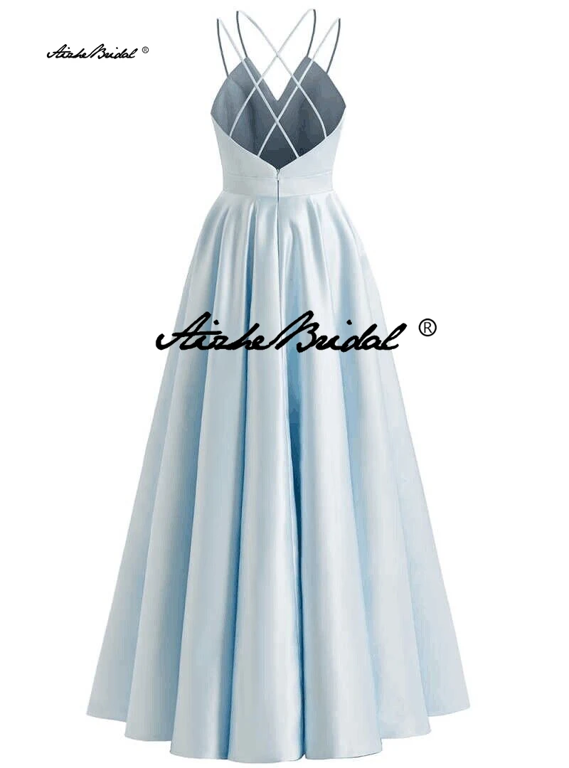 فستان سهرة كلاسيكي بسيط على شكل حرف A بطول الأرض وحزام سباغيتي للحفلات الراقصة مع جيوب تنورة زفاف