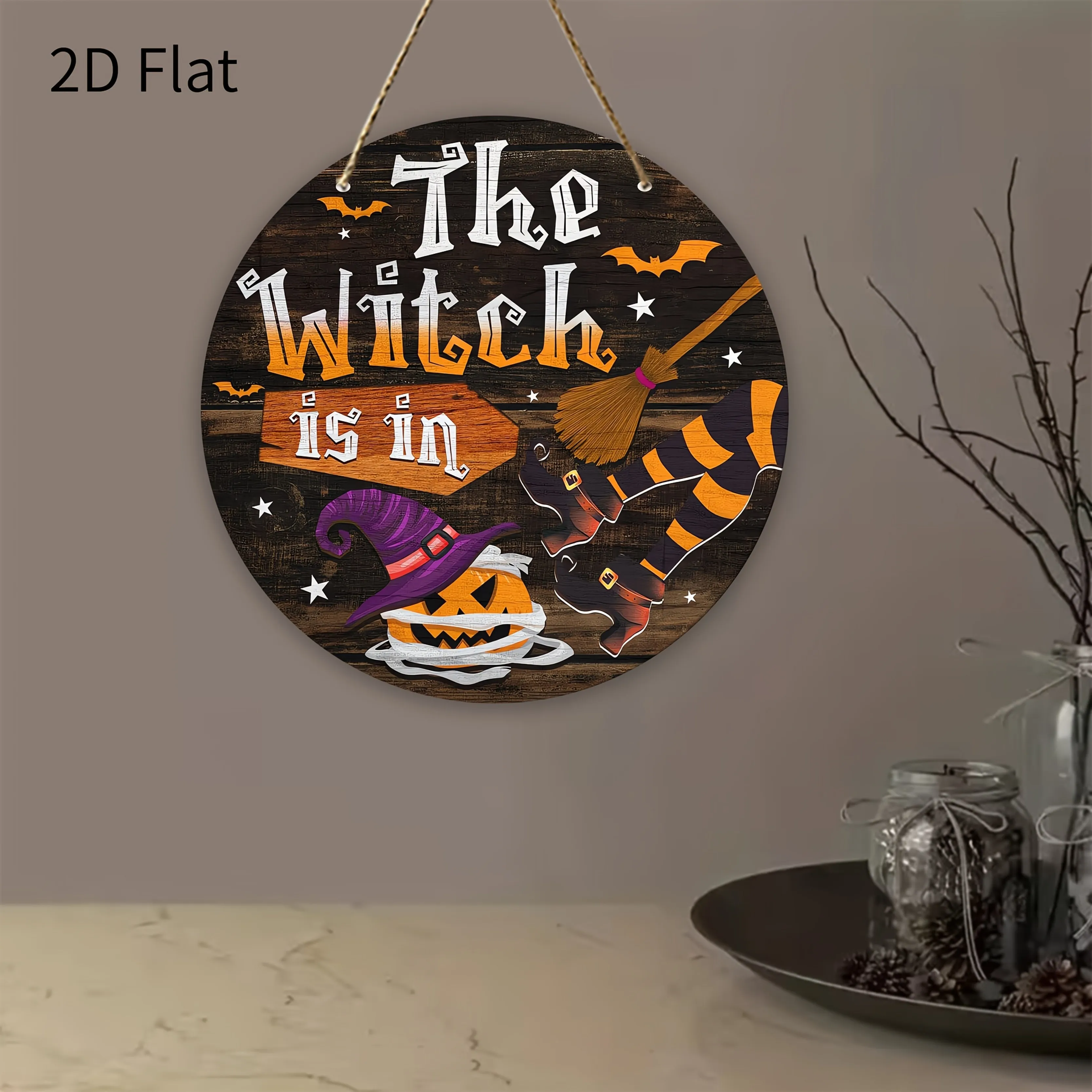 2D Flat, Witch-Themed Round Rustic Artificial Wood Hanging Sign - 