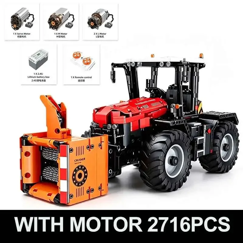 RC Hand Tractor Building Blocks Bricks, 4 Replaceable Farm Machinery Attachments, Technical Assembly Brick Set Mould King 17020