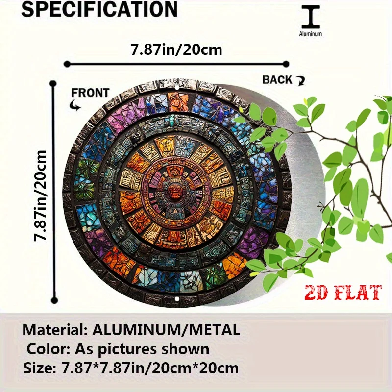 2D Flat 1pc Stained-Glass Style Aluminum Wall Art - Ancient Aztec Calendar Design, Vibrant Colorful Round Metal Sign for Home, G