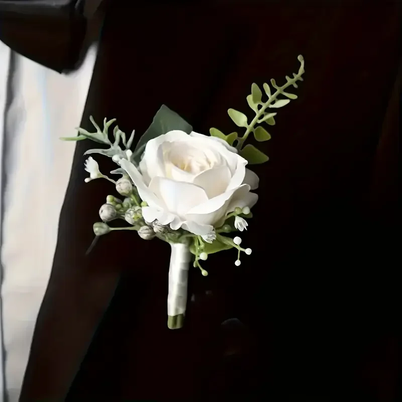 Elegant Groom Boutonniere Flowers for Mensuit Artifical Roses Wrist Corsage Wedding Accessories