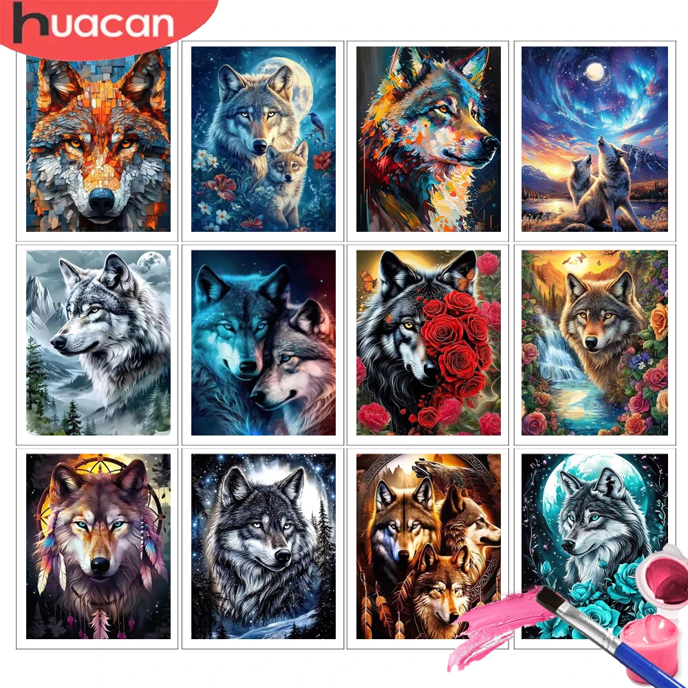 HUACAN Painting By Numbers Wolf Animal Landscape Forest Drawing Pictures Oil Paint Colorful Canvas Craft Kit Wall Arts