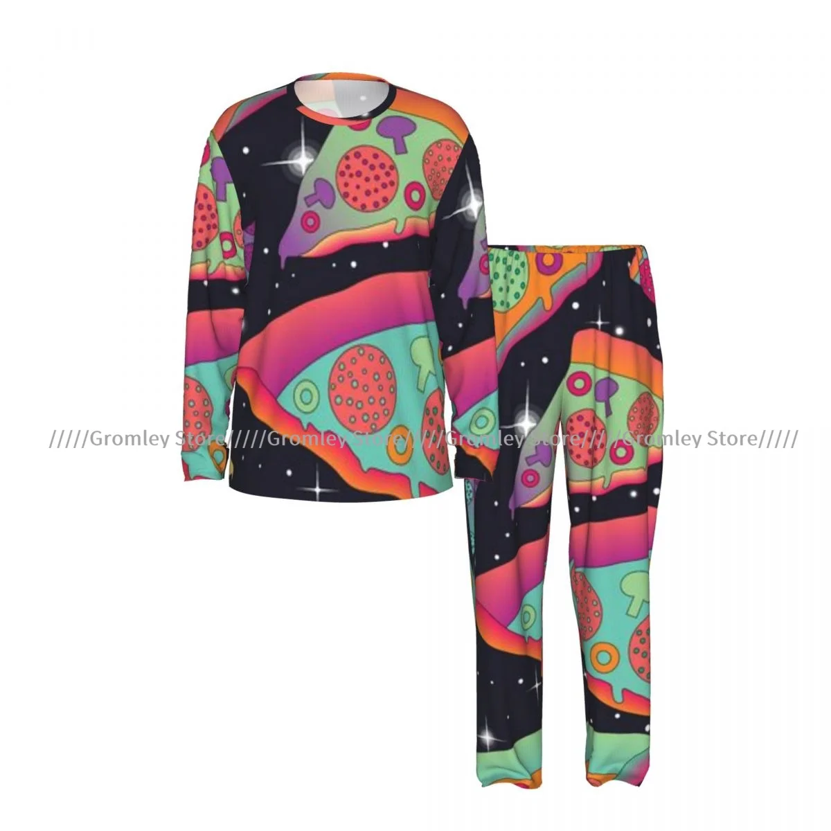 Men's Pajamas Set Colorful Pizza Long Sleeve Top & Long Pants Sleep Set