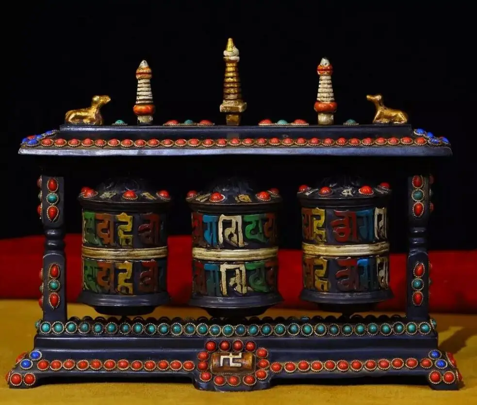 

Old Tibetan nepalese gemstone inlay Buddha buddhist Vajra prayer wheel talisman