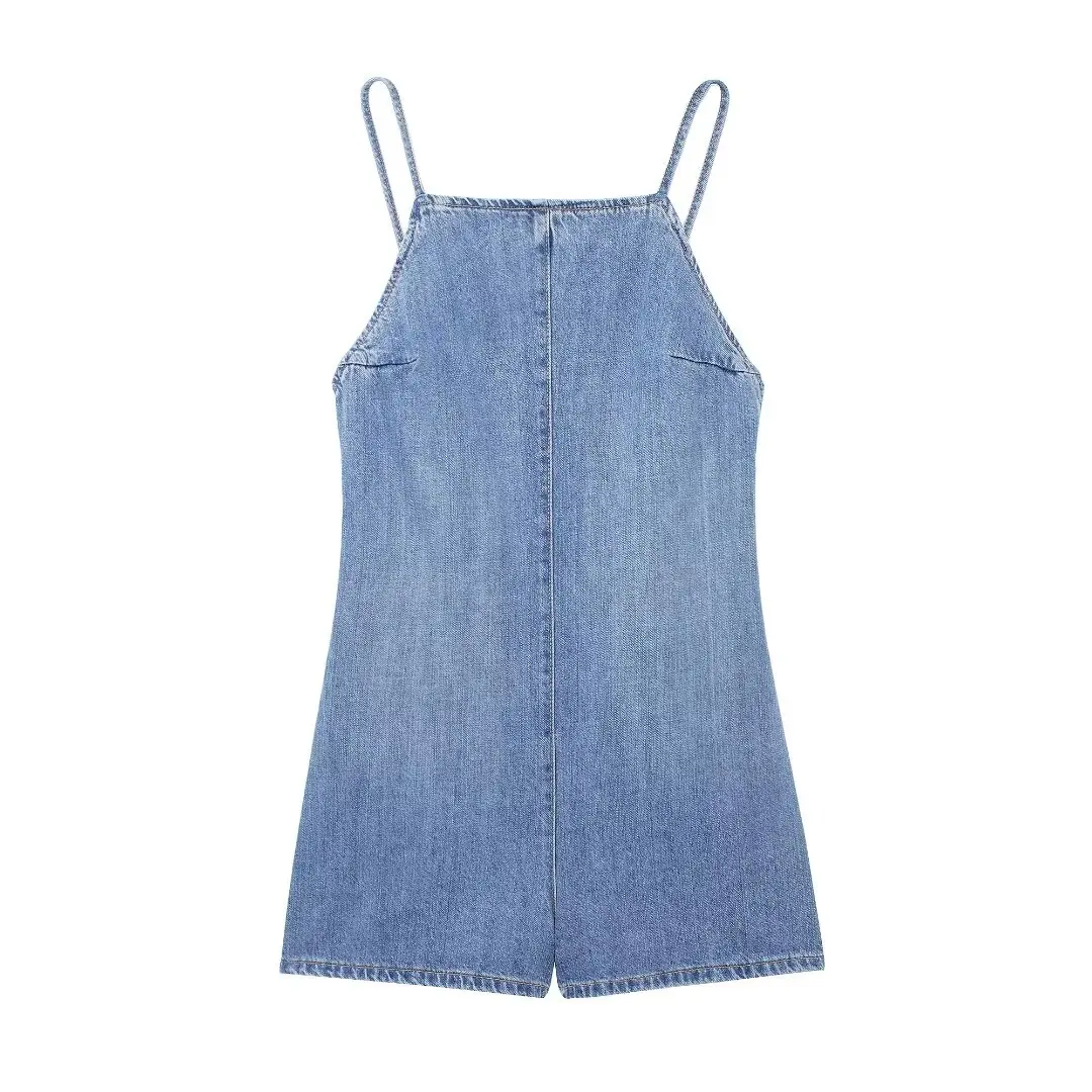 

TRAFZA Summer Women's Elegant Denim Jumpsuit Sleeveless Sling Backless Pocket One-Neck Blue Female Casual Beach Jumpsuits Mujer