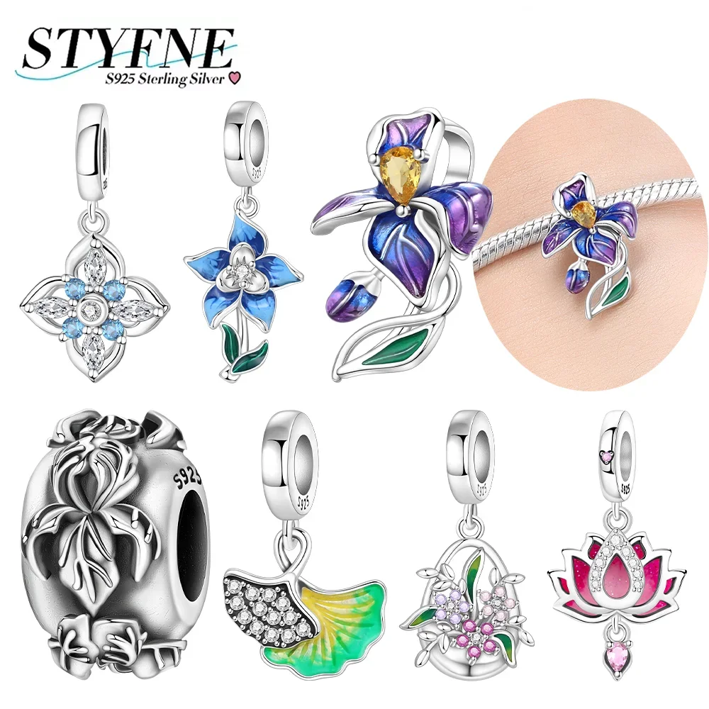 

Подвески S925, серебряная серия растений, цветочная корзина, лотос, голубая ирис, гинкго билоба, бусины, кулон, подходит для браслета «сделай сам», подарки, изготовление ювелирных изделий