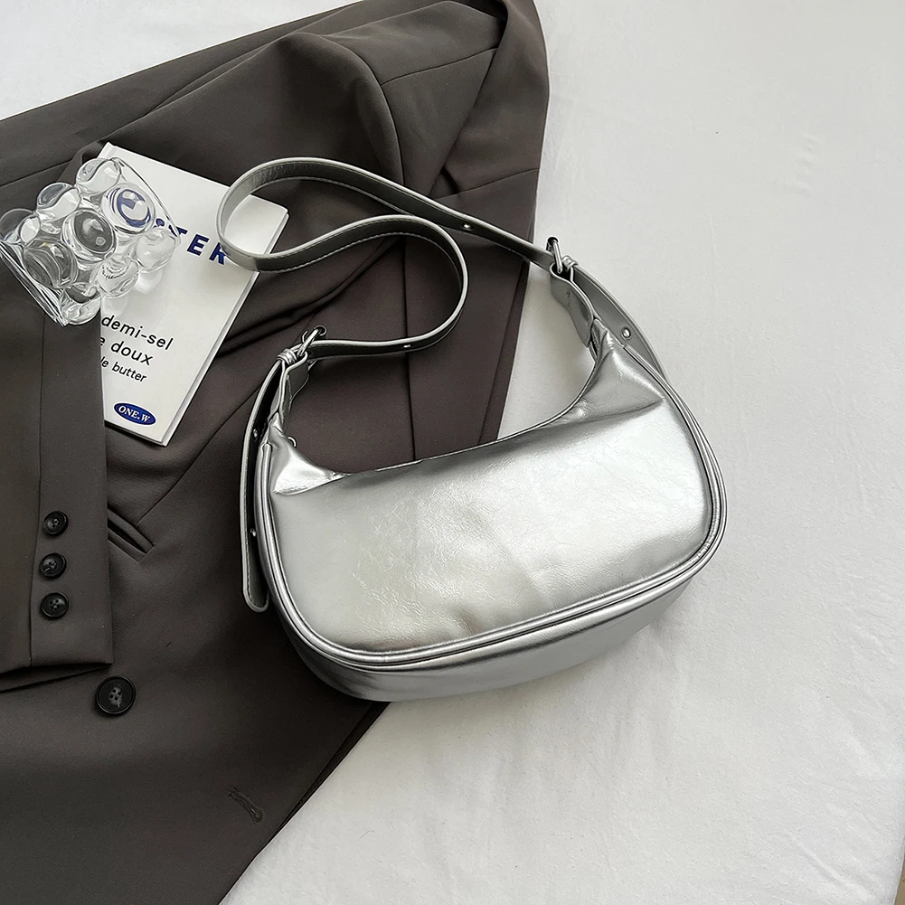

Women Crescent Shoulder Bag Fashion Shoulder Bag Solid Color PU Small Bow Handbag Adjustable Strap Zip Closure Y2K Dumpling Bag