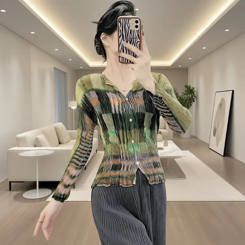 Pleated Women's Tops Printed Wicker Cardigan Long Sleeve Color Clash Jacket Vintage 2026New Lightweight  Stretch T-shirt