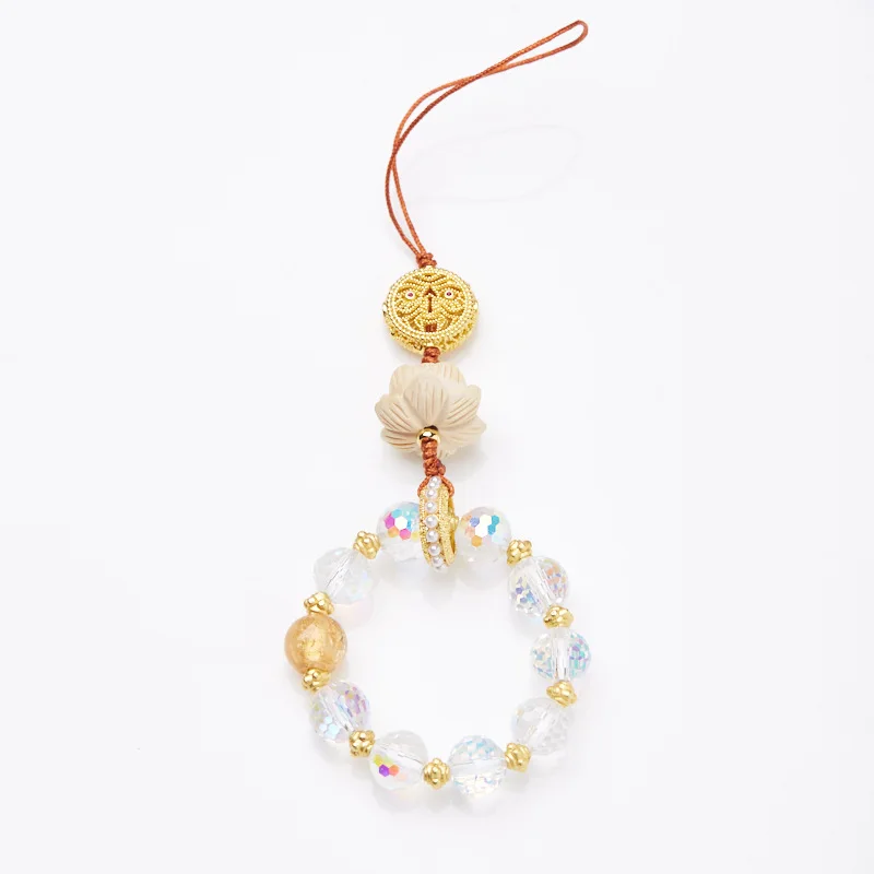 New Chinese Style Boxwood Lotus Phone Chain Bag Charm Colorful Incense Ash Glass Jewelry Exquisite Festival Gift